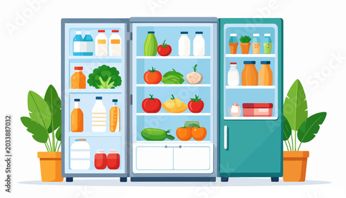 Bright and colorful illustration of three open refrigerators brimming with fresh produce, dairy products, and refreshing drinks, symbolizing a well-stocked and health-conscious kitchen