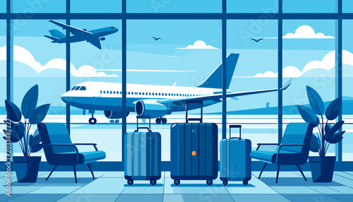 Modern airport lounge illustration with luggage, airplanes on the runway, and a departing plane, reflecting the excitement of international travel and the anticipation of a journey