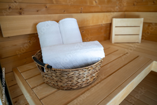 Towels provided in a sauna