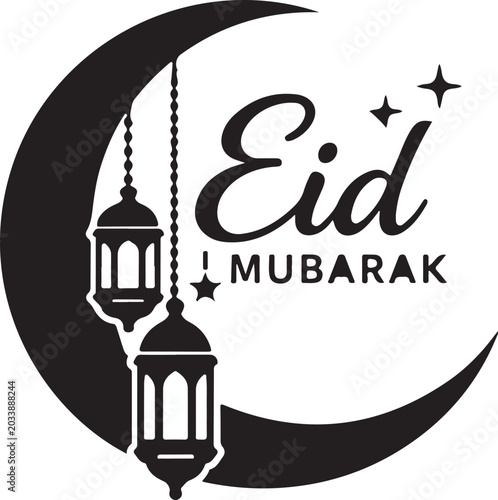 Canvas Print Crescent moon silhouette with lantern pair on white background for Ramadan, nigh