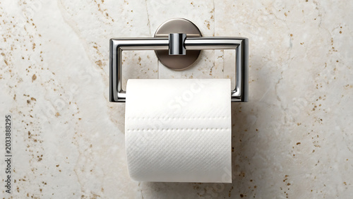 A roll of white toilet paper hanging on a polished chrome holder attached to a textured beige marble wall in a bathroom setting with soft lighting
