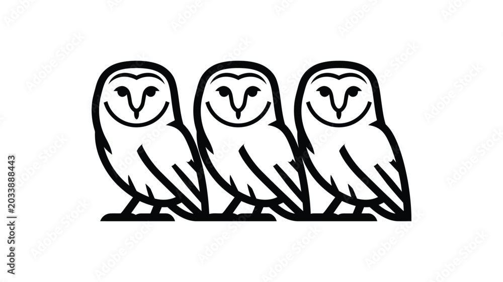 Obraz premium Three identical cartoon outline barn owls in a row on a white