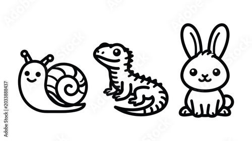 Cartoon outline drawings of a snail lizard rabbit