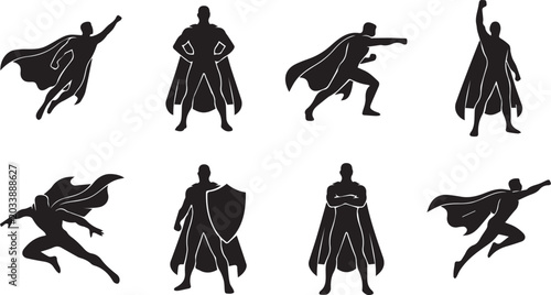Obraz na płótnie Superhero silhouettes in dynamic poses against a white background representing p