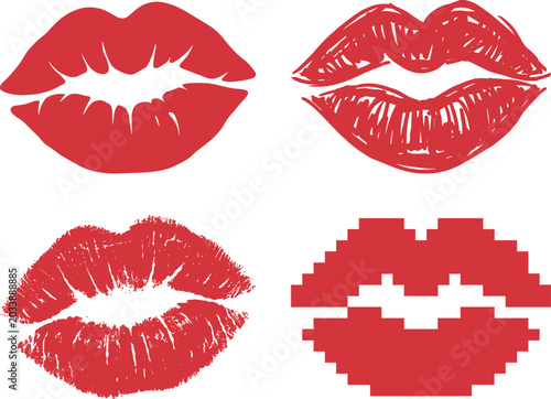 Red lipstick kiss mark set with realistic pixelated hand drawn and flat graphic style icon.