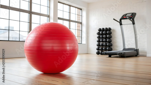 Large red exercise ball sitting on a light wooden floor in a bright gym with a treadmill and black dumbbells in the background