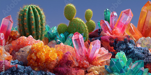 The Crystal Bloom of the Desert: Cacti Growing in Impossible Color, ai generated.