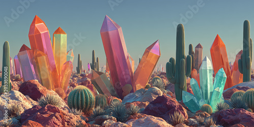 The Crystal Bloom of the Desert: Cacti Growing in Impossible Color, ai generated.