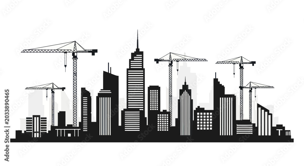 Obraz premium Modern Cityscape Silhouette with Construction Cranes and Skyscrapers