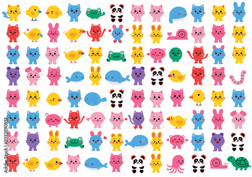 Kawaii animal stickers collection, funny baby monsters and creatures bundle isolated on white