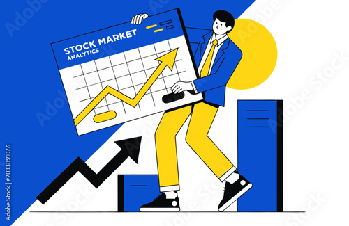 Businessman holding stock market analytics chart with upward growth arrow vector illustration