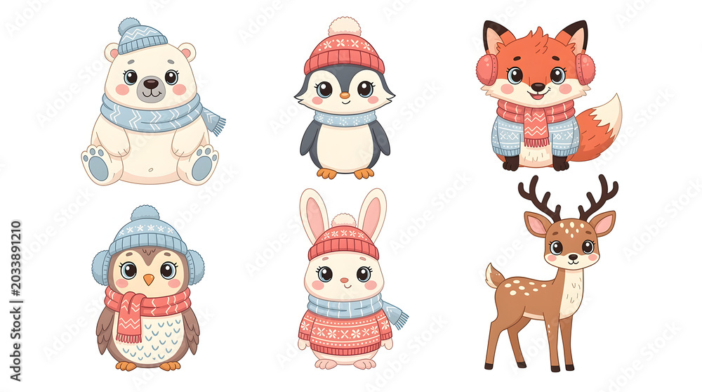 Obraz premium Cute Winter Animals Collection: A delightful assortment of charming cartoon animals, including a polar bear, penguin, fox, rabbit, and deer, all dressed in cozy winter attire like hats and scarves.