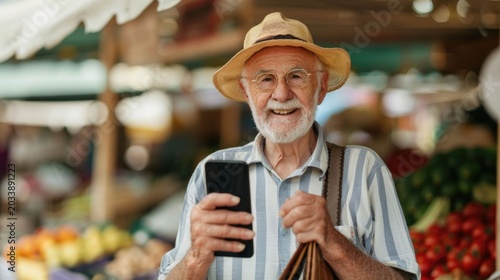 A happy senior man wearing a straw hat and glasses holding a smartphone and a reusable shopping bag poses at a bustling farmers market with fresh produce in the background