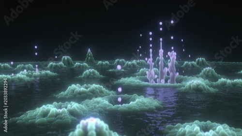 Alien forest illuminated by bioluminescent formations. Organic structures appear like otherworldly plants.