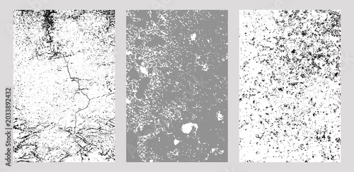 Set of three rectangular panels with cracked and weathered textures fine fissures on white, mottled corroded gray surface, and speckled grainy black spots, distressed abstract backgrounds