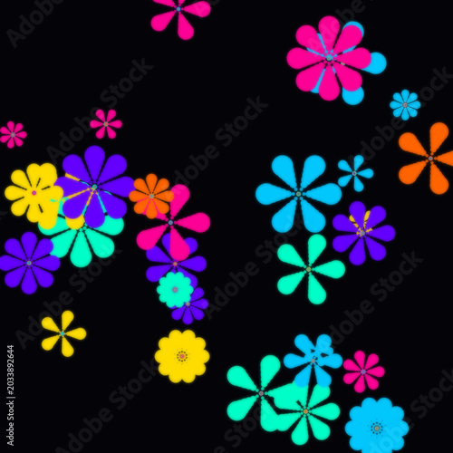 Vibrant psychedelic multi colored flowers pattern, 70s style groovy background