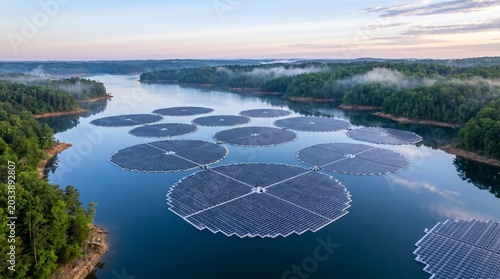 Large circular floating solar panels on a calm lake surrounded by misty green forests. Concept of sustainable renewable energy.