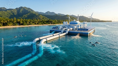 Modern floating renewable energy platform with solar panels and wind turbines on clear ocean water. Sustainable energy solution in a pristine tropical environment.