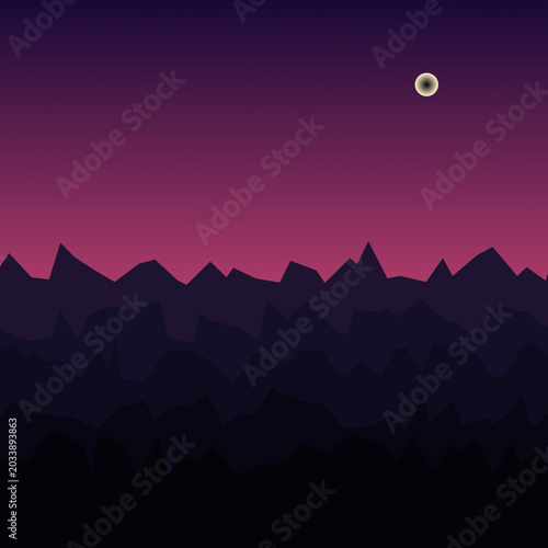 Abstract geometric mountains at twilight, purple and pink gradient sky background