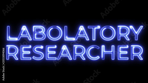 Blue Neon Glowing Laboratory Researcher Text on Black Background