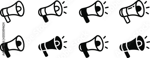 Fotografija Set of eight hand drawn megaphone icons with increasing sound wave lines for com