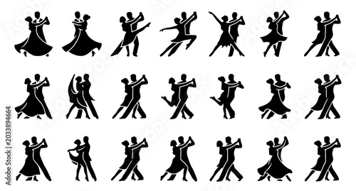 Cuadro en lienzo Minimal Ballroom Dance Silhouette Icon Vector Set with Modern Elegant Couple Des