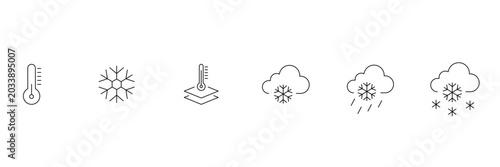 Winter weather line icons set including thermometer, snowflake, frozen surface, cloudy snowy, sleet, and heavy snow vector illustration