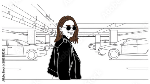 Photos Woman in 2D CAD Vector illustration stands confidently amidst city traffic