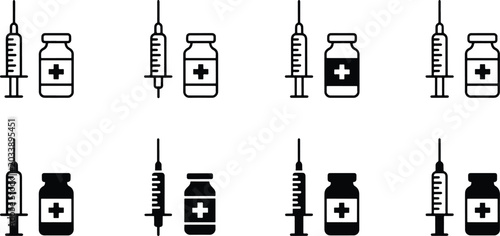 Photos Set of medical vials and syringes with liquid medication isolated on transparent