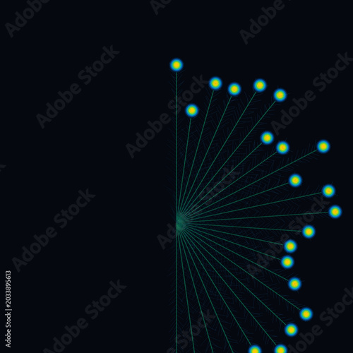 Minimalist abstract radial design with yellow and blue glowing orbs on dark background