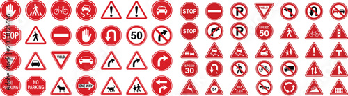 Photos Road traffic signs and symbols for driving safety and regulations