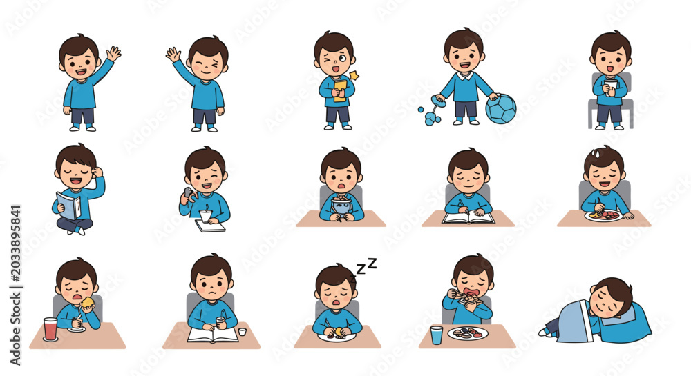 Fototapeta premium Illustrations of a young boy's daily routine including waking up, eating breakfast, studying, playing, and sleeping in a cute cartoon style.