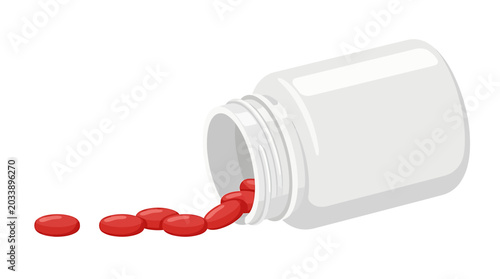 Bild auf Leinwand White Ribbed Pill Bottle Spilling Red Ibuprofen Tablets