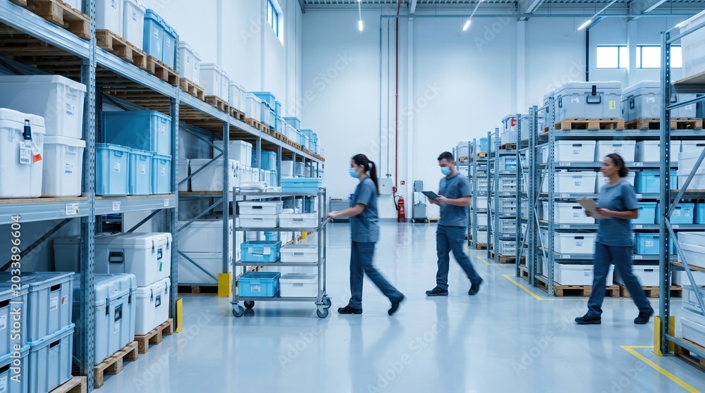 Fototapeta premium Healthcare warehouse staff walking through cold chain storage with medical containers. Concept of hospital logistics, pharma supply, inventory audit, and distribution.