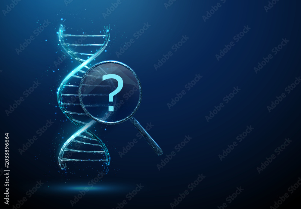 Obraz premium 3D blue DNA and a magnifying glass with a question mark. Genetic research, DNA analysis, biology study, gene, science discovery, medical investigation, genome concept