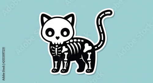 Cute skeleton cat sticker illustration on blue background