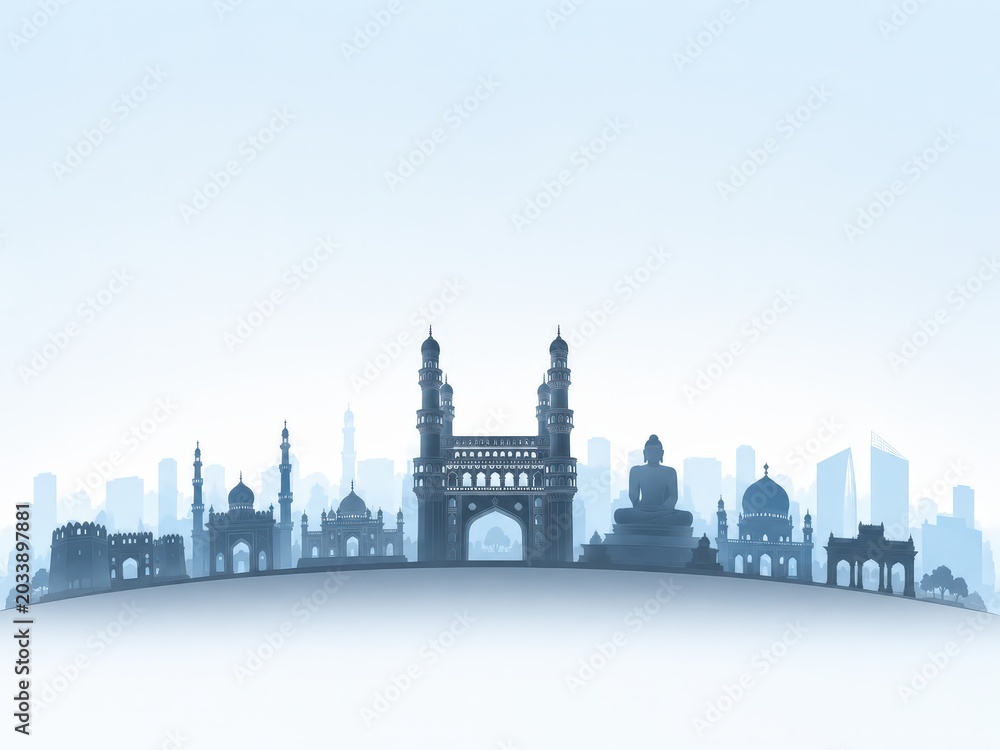 Obraz premium Telangana formation day banner with famous monuments silhouettes.