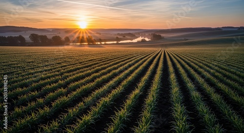 Sunrise Over Vast Agricultural Fields Bathed in Golden Light