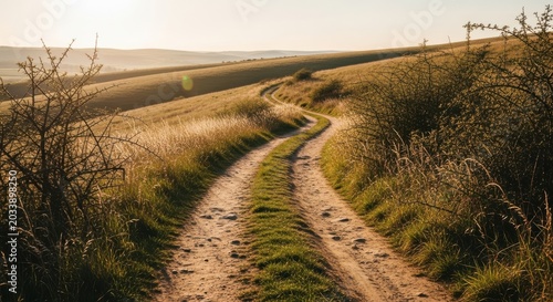 Winding dirt track meanders through sunlit countryside fields