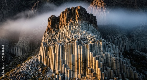Dramatic Volcanic Tuff Cliff Formation Bathed in Sunlight