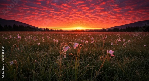 Fiery Sunset Over a Wildflower Meadow