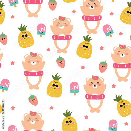 Seamless pattern of cute cartoon bears with summer elements. Cute summer patterns for wallpaper, gift wrapping paper.