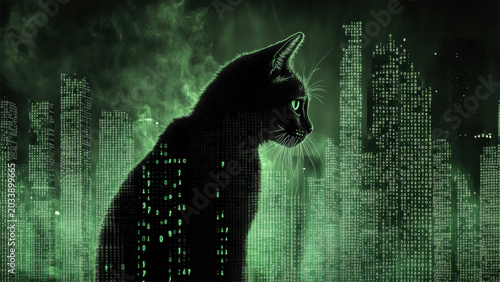 Black Cat Silhouette in Green Digital Matrix Technology Background