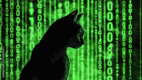 Black Cat Silhouette in Green Digital Matrix Technology Background