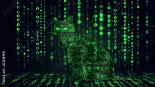 Black Cat Silhouette in Green Digital Matrix Technology Background