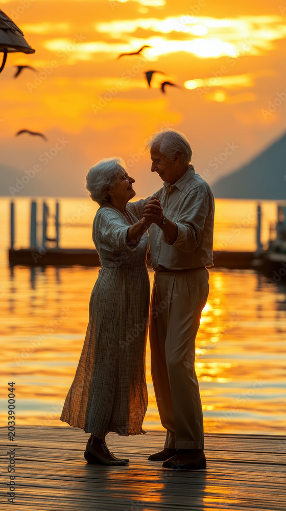 Obraz premium Joyful senior man and woman dancing, holding hands on a tranquil waterfront pier during a golden hour sunset