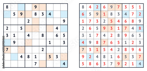 Even-odd sudoku puzzle with solution isolated on white background. Logic number game template vector illustration. Educational math worksheet for school kids and adults brain teaser book.