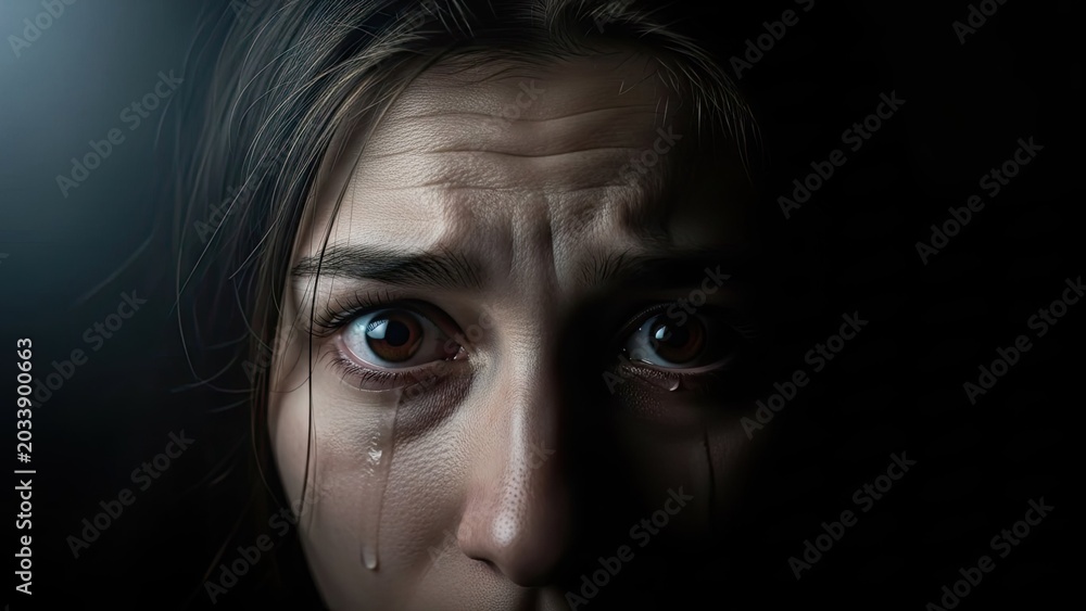 Fototapeta premium Close up portrait of woman crying with visible tears.