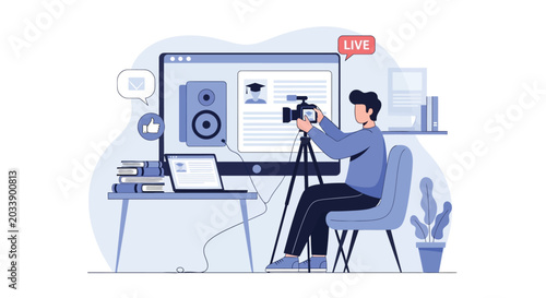 Online education concept with male student filming video lesson using professional camera and big screen displaying academic profile in home office studio.