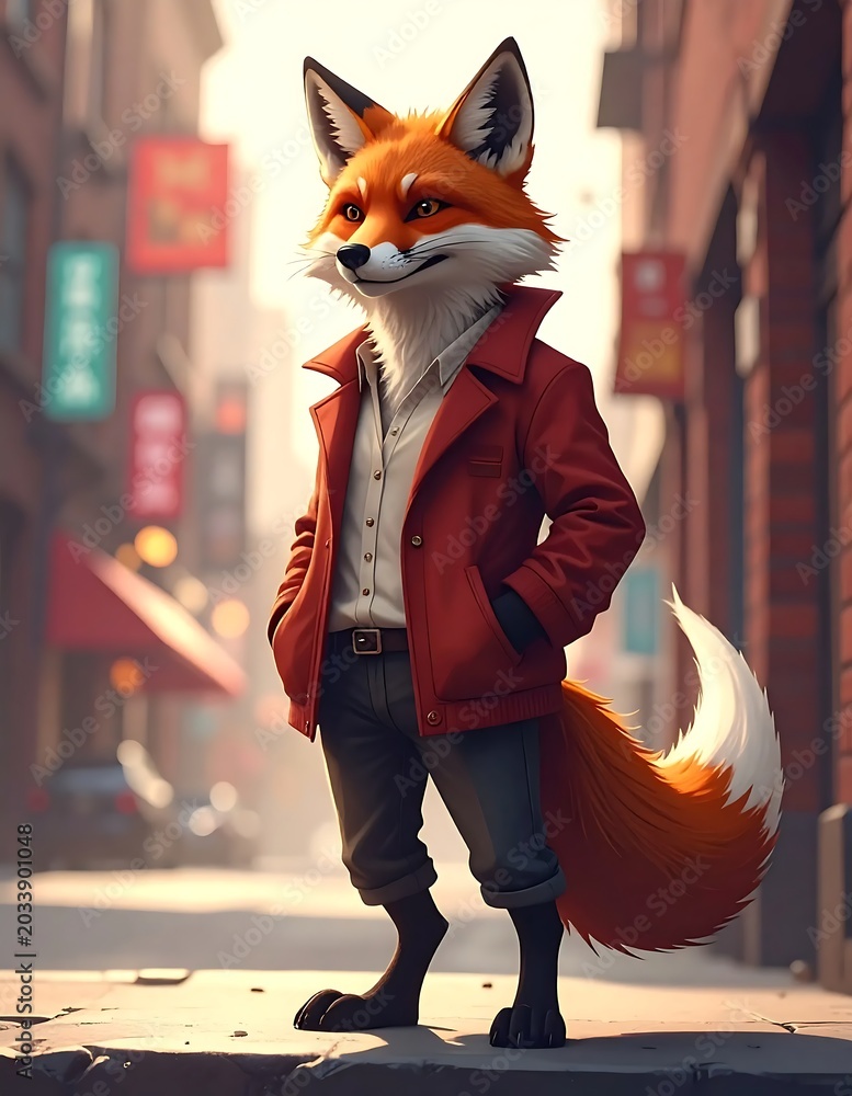 Fototapeta premium Stylish Anthropomorphic Fox Standing Confidently on Sunlit Urban Street